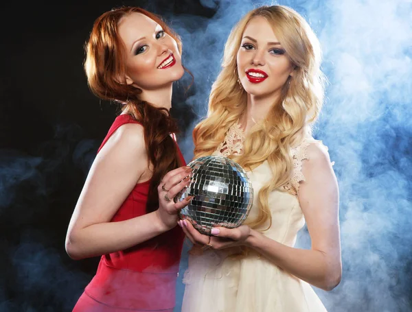 Party girls with disco balls, happy and smile. — Stock Photo, Image