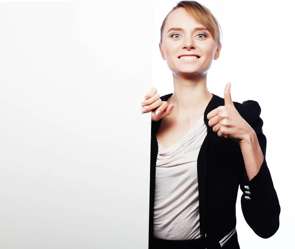 Young business woman showing blank signboard — Stock Photo, Image