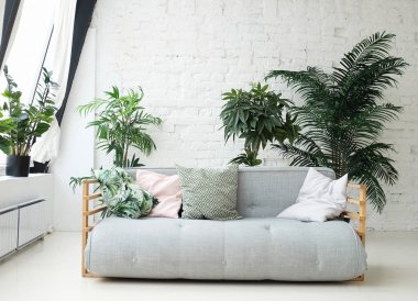 çiçeklerin yanındaki odada gri kanepe