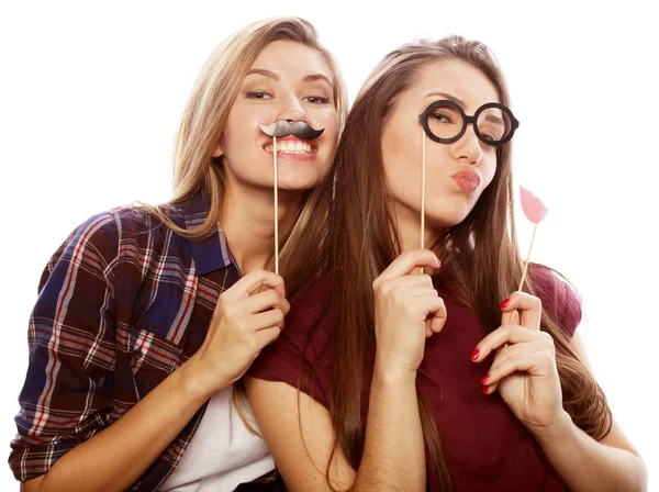 Lifestyle and people concept: two stylish sexy hipster girls best friends ready for party, over white background — Stock Photo, Image