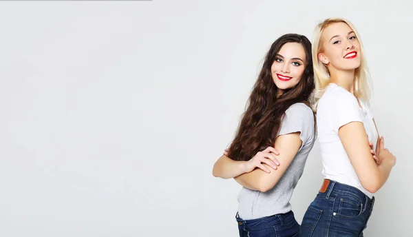 Two stylish sexy hipster girls best friends. Copy space. — Stock Photo, Image