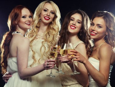 lifestyle, party and people concept - Group of partying girls clinking flutes with sparkling wine clipart