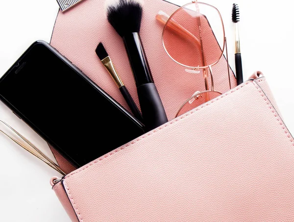Fashion lady accessories set. Flat lay. Stylish handbag. Make-Up — Stock Photo, Image