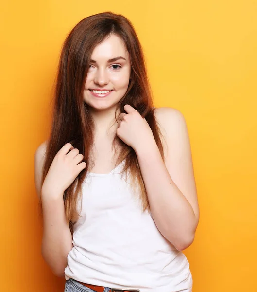 Portrait of young positive female with cheerful expression — Stock Photo, Image
