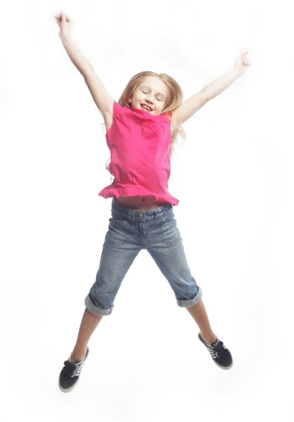 Girl jumps on a white background — Stock Photo, Image