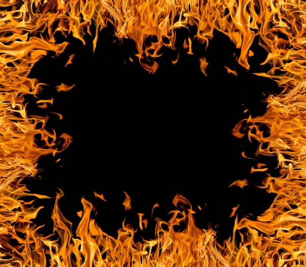 Gelber Flammenrahmen Isoliert Auf Schwarzem Hintergrund — Stockfoto
