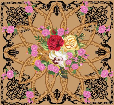 illüstrasyon kahverengi zemin üzerine dekore edilmiş çerçevede gül çiçek ile