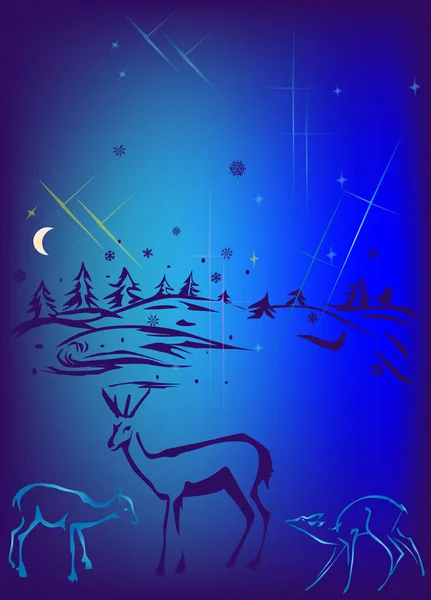 Illustration Blue Deers Firs — Stock Vector