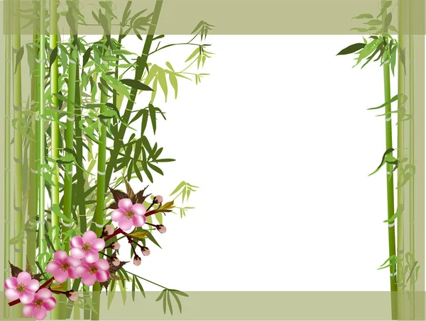 Illustrazione Con Fiori Rosa Primavera Bambù Verde — Vettoriale Stock