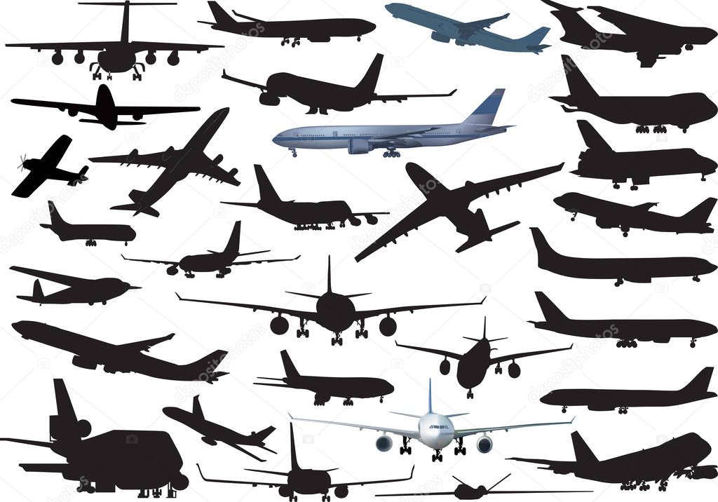 illustration with airplanes collection isolated on white background