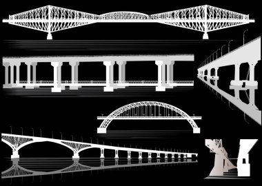 Siyah arkaplanda izole edilmiş köprü koleksiyonuna sahip illüstrasyon
