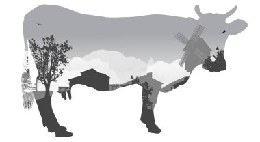 illüstrasyon inek ve gri ülke manzara ile
