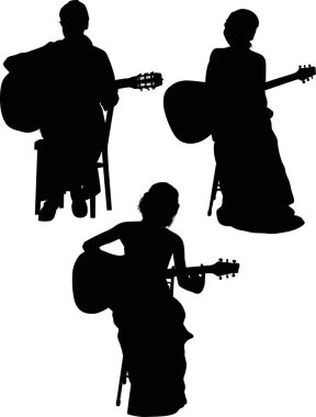 illüstrasyon izole beyaz arka plan üzerinde üç gitaristler ile