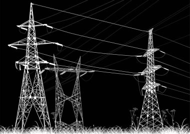 Halat çim siyah arka plan üzerine izole elektrik direkleri ile