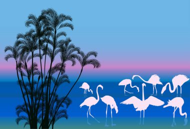 flamingo su kenarında palmiye ağaçları içinde grup illüstrasyon