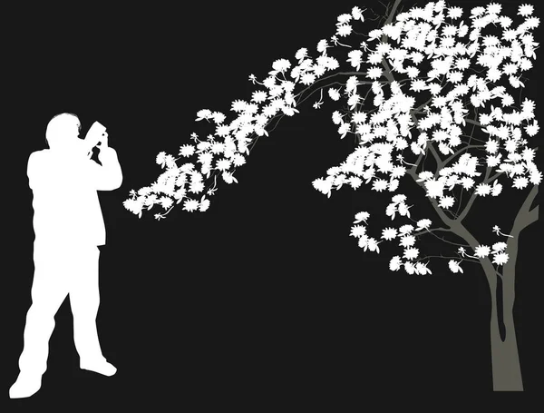 Illustration Avec Photographe Près Arbre Fleurs Isolé Sur Fond Noir — Image vectorielle