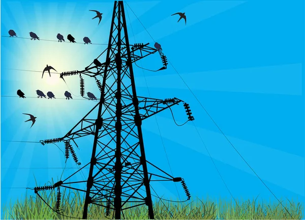 Illustration Avec Des Oiseaux Près Pylône Électrique — Image vectorielle