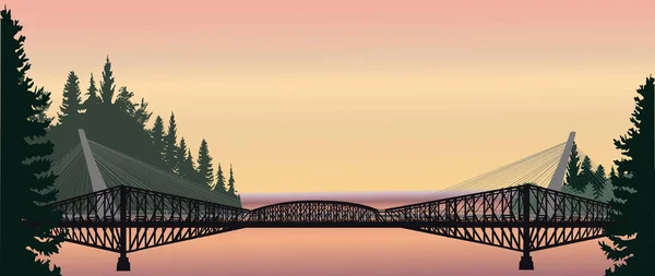 Illustration Mit Langer Brücke Über Dem See Bei Sonnenuntergang — Stockvektor