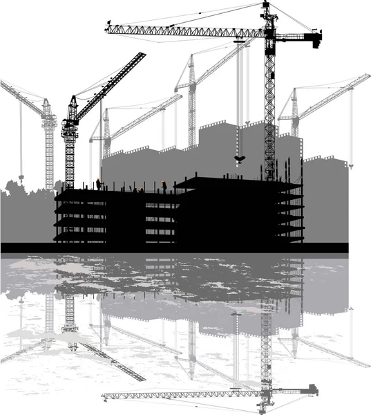 Illustration House Buildings Cranes Reflection — Stock Vector