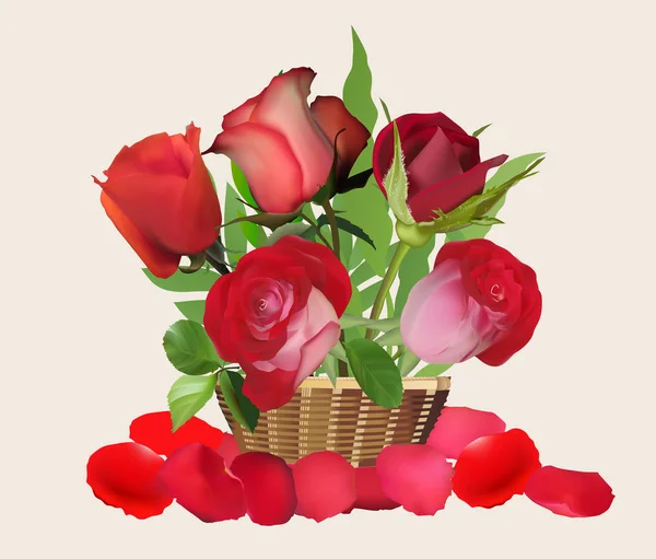 Illustration Red Roses Basket Isolated Light Background — Stock Vector