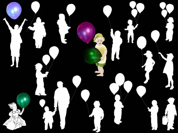 Illustration Child Silhouettes Collection Isolated Black Background — Stock Vector