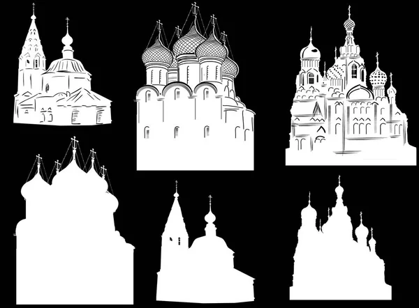 Illustration Mit Orthodoxen Kirchen Skizze Auf Schwarzem Hintergrund — Stockvektor