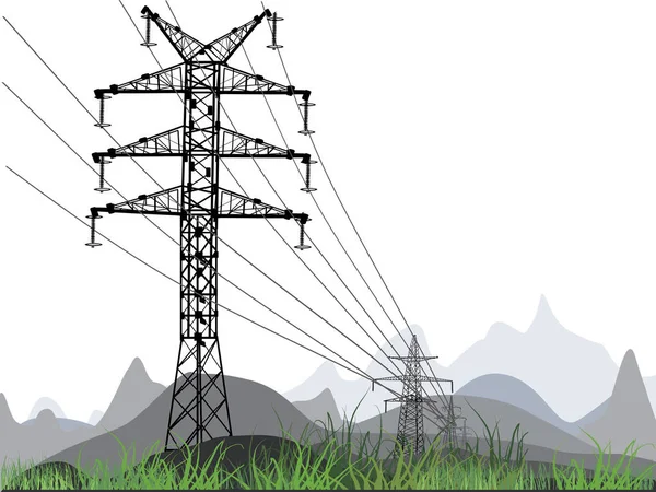 Ilustração Com Postes Energia Elétrica Montanhas — Vetor de Stock