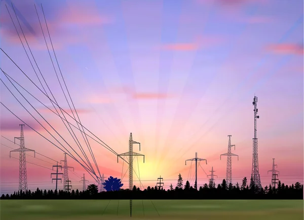 Ilustración Con Torres Eléctricas Bosque Atardecer — Vector de stock