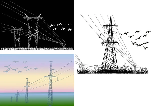 Illustration Avec Pylônes Électriques Oiseaux Volants — Image vectorielle