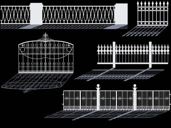 Illustration Avec Cinq Clôtures Décorées Isolées Sur Fond Noir — Image vectorielle