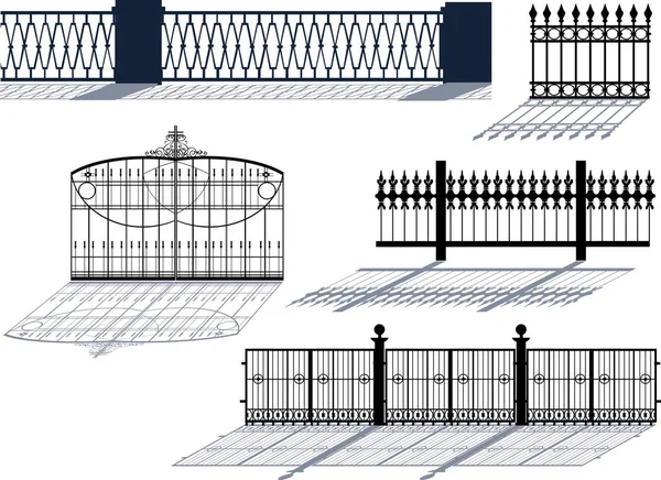 Illustratie Met Vijf Ingerichte Hekken Geïsoleerd Witte Achtergrond — Stockvector