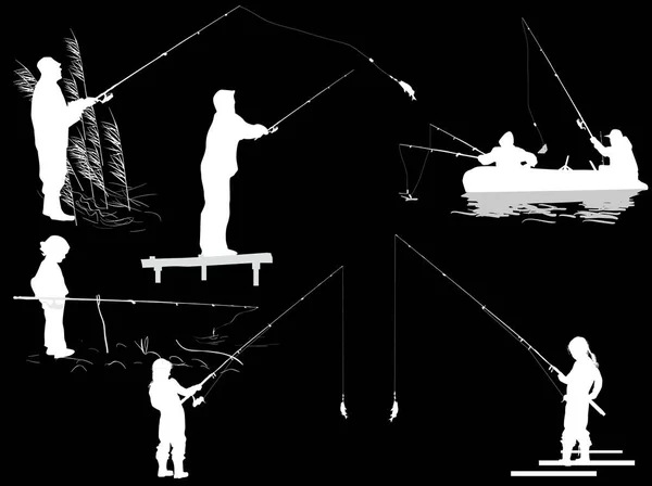 Illustration Avec Des Silhouettes Pêcheurs Isolées Sur Fond Noir — Image vectorielle