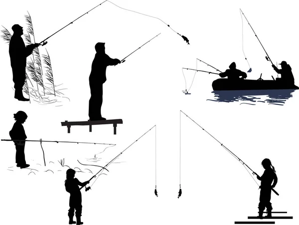 Illustration Seven Fishermen Silhouettes Isolated White Background — Stock Vector
