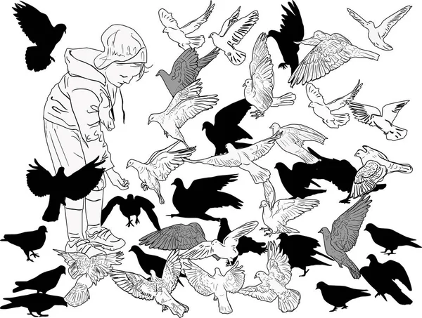 Illustration Mit Kind Und Großer Gruppe Von Tauben Auf Weißem — Stockvektor