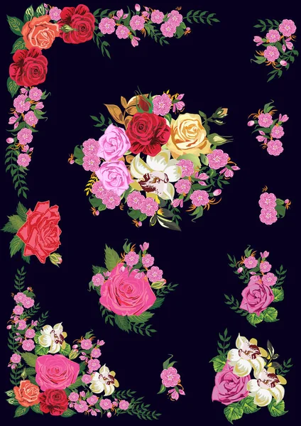 暗い背景に隔離されたバラの花の装飾要素を持つイラスト — ストックベクタ