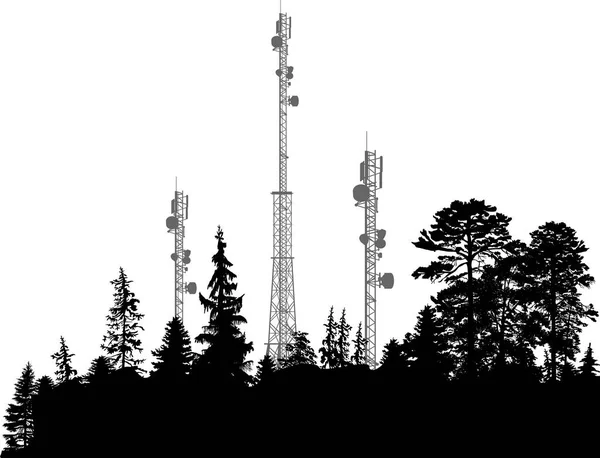 Illustrazione Con Sagome Dell Antenna Nella Foresta Scura — Vettoriale Stock