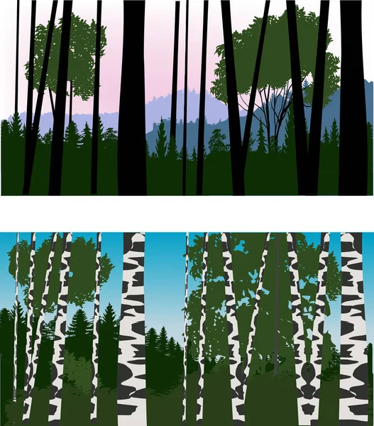 例证以绿色和蓝色森林风景 — 图库矢量图片