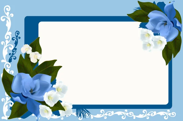 Illustratie Met Blauw Frame Met Magnolia Jasmijn Bloemen — Stockvector