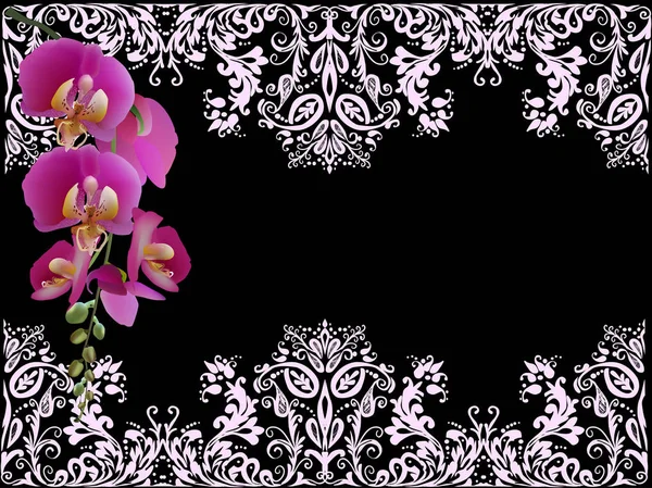 Ілюстрація Фіолетовими Бузковими Орхідеями Декорованій Рамці Чорному Фоні — стоковий вектор