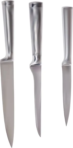 Obrázek Třemi Kovové Kuchyňské Nože Izolované Bílém Pozadí — Stockový vektor