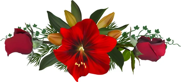 Εικονογράφηση Κόκκινα Τριαντάφυλλα Και Λουλούδια Κρίνο Λευκό Φόντο — Διανυσματικό Αρχείο