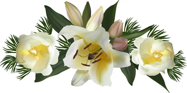 ユリとバラの花ストライプ白い背景で隔離の図 — ストックベクタ