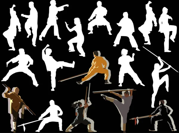 Illustration Mit Verschiedenen Kämpfer Silhouetten Isoliert Auf Schwarzem Hintergrund — Stockvektor