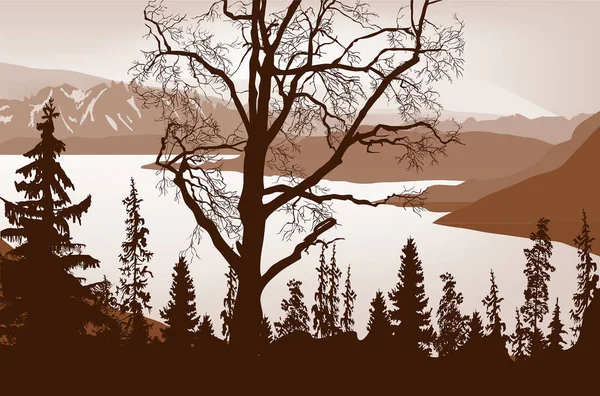 Illustration Mit Großem Braunen Baum Wald Der Nähe Des Bergsees — Stockvektor