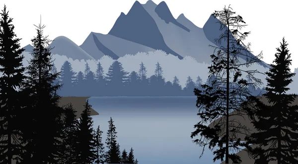 Illustration Med Stora Granar Skogen Nära Mountain Lake — Stock vektor