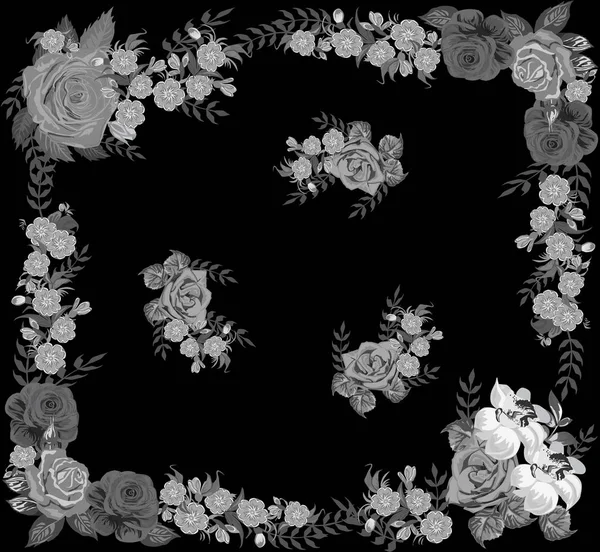 Απεικόνιση Γκρι Λουλούδια Πλαίσιο Απομονώνονται Μαύρο Φόντο — Διανυσματικό Αρχείο