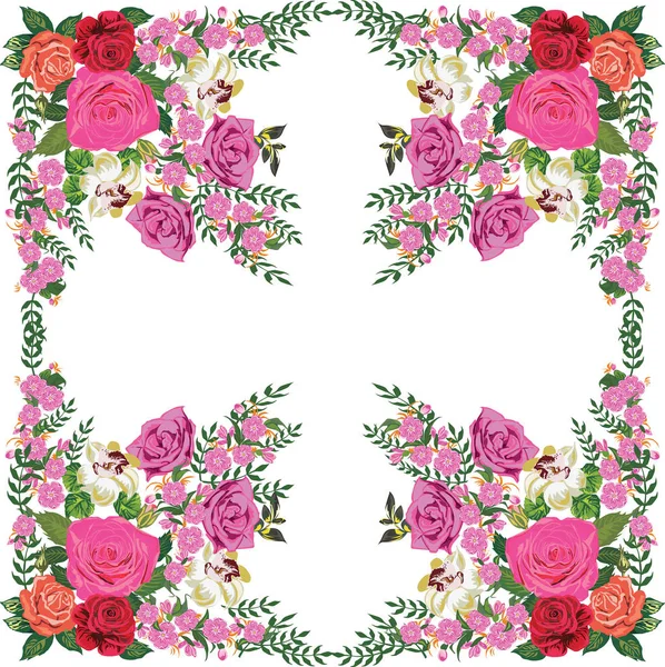 Εικονογράφηση Κορνίζα Ροζ Λουλούδια Που Απομονώνονται Λευκό Φόντο — Διανυσματικό Αρχείο