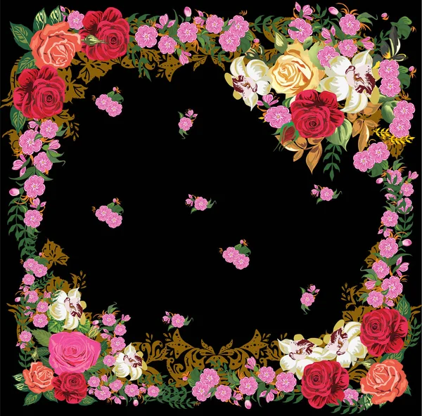 Εικονογράφηση Κορνίζα Ροζ Λουλούδια Που Απομονώνονται Μαύρο Φόντο — Διανυσματικό Αρχείο