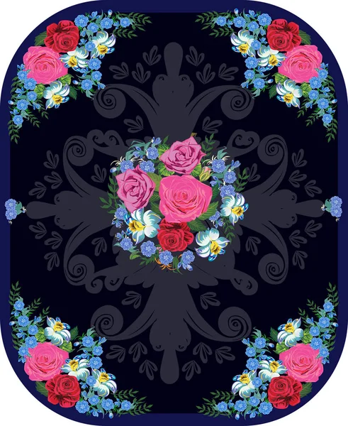 Illustration Mit Rosa Rosen Und Blauen Blumen Verziert Ornament — Stockvektor