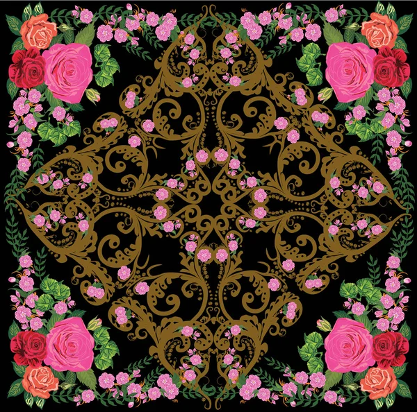 Ilustração Com Rosa Floral Decoração Quadrada — Vetor de Stock